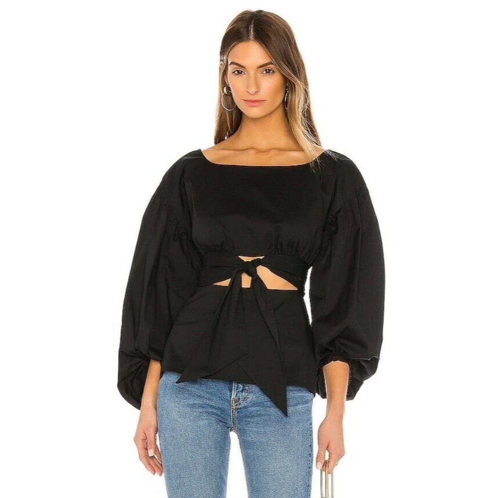 Lovers + Friends Black Puff Sleeve Tie Front Blouse